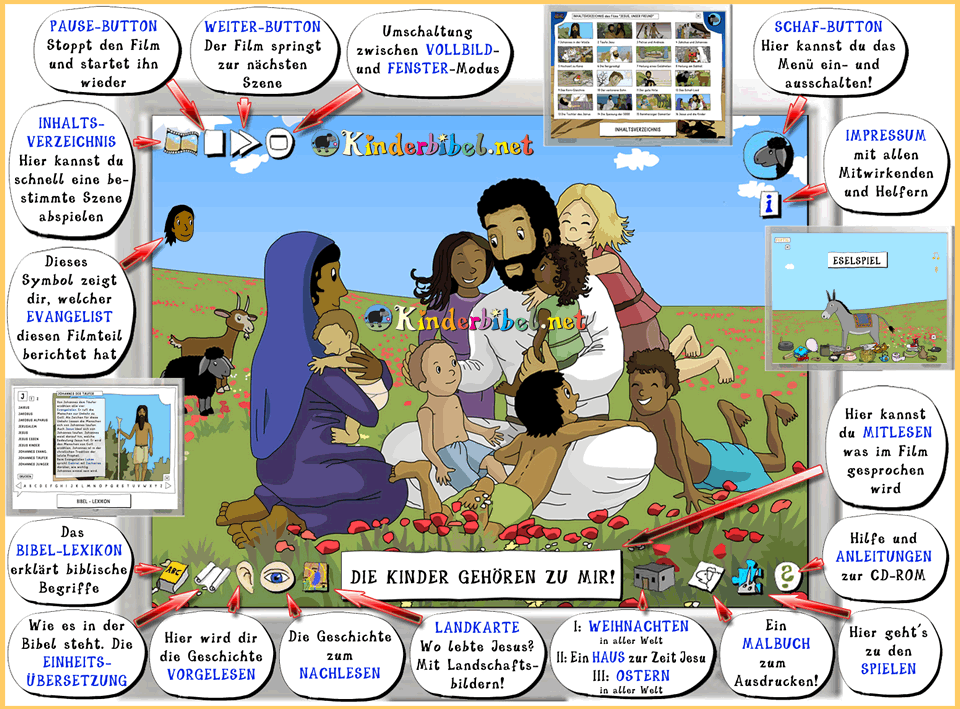 Interaktive Spieloberfläche des Zeichentrick-Films 'Jesus ist auferstanden' nach der Bibel von Kinderbibel.net